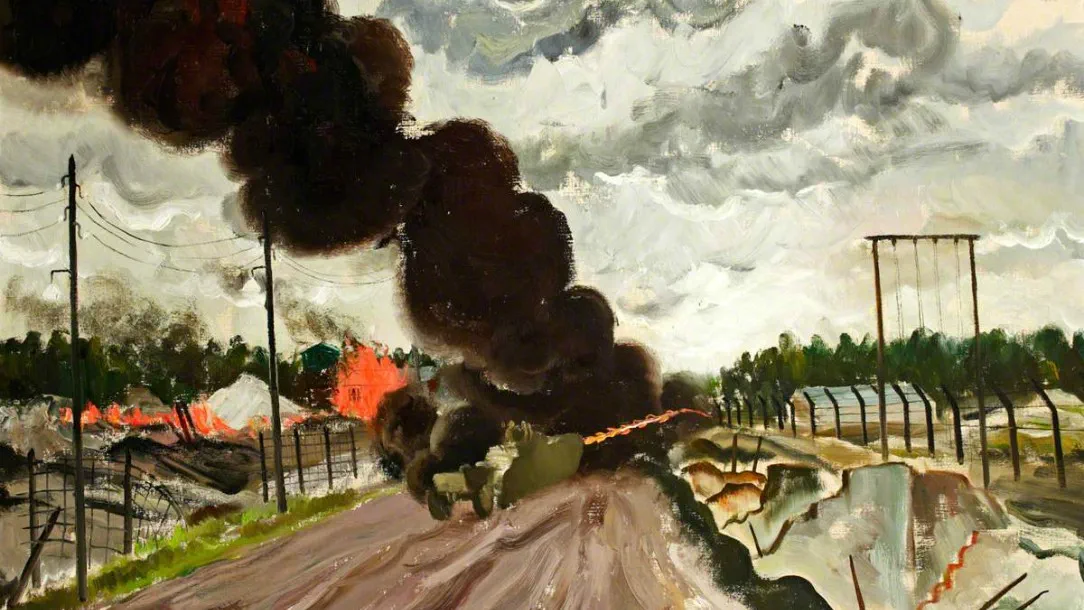 A painting showing a long road with a huge cloud of black smoke at the end of it - the Burning of Bergen-Belsen Concentration Camp.